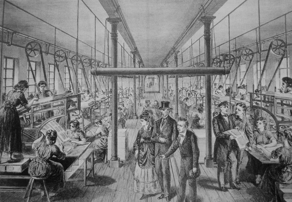 Salão de máquinas de uma tipografia em 1870: eixos e correias no teto acionam todas as prensas a partir de uma única fonte de energia.